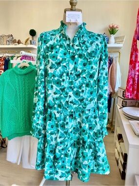 TCEC Teal Floral Long-Sleeve Tiered Button Dress